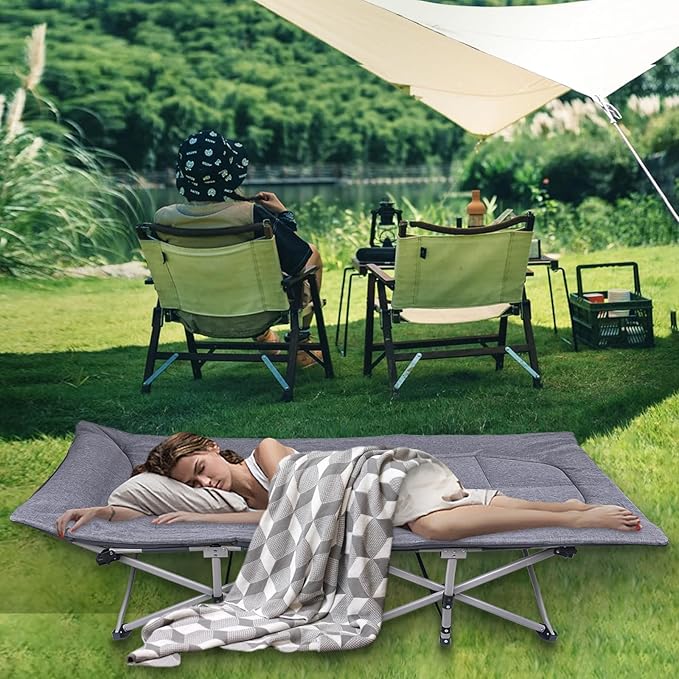 KAKO Folding Camping Cot Heavy Duty 600 Lbs Portable Bed for Adults Camping Beds with Carry Bag Grey