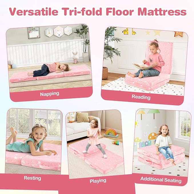 Costzon Foldable Pink Floor Mattress for Kids Glow in The Dark Toddler Floor Nap Mat w/Flannel Cover Tri-Folding Children Floor Bed for Sleeping Daycare Playroom School Kindergarten or Nursery