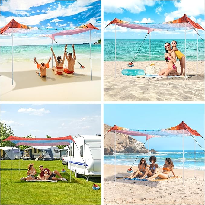 Beach Tent Beach Canopy Sun Shade Sail UPF 50+ Portable 10×10 FT Camping Sun Shelter with Sandbags Poles Ground Pegs and Anti-Wind Ropes for Outdoor Backyard Picnics Sport Fishing