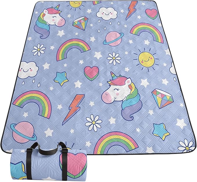 Outdoor Picnic BlanketPortable Sandproof Waterproof Picnic MatRainbow Unicorns Printed Camping Beach Mat for Sand and Wet Grass Hiking (Rainbow Unicorns L)