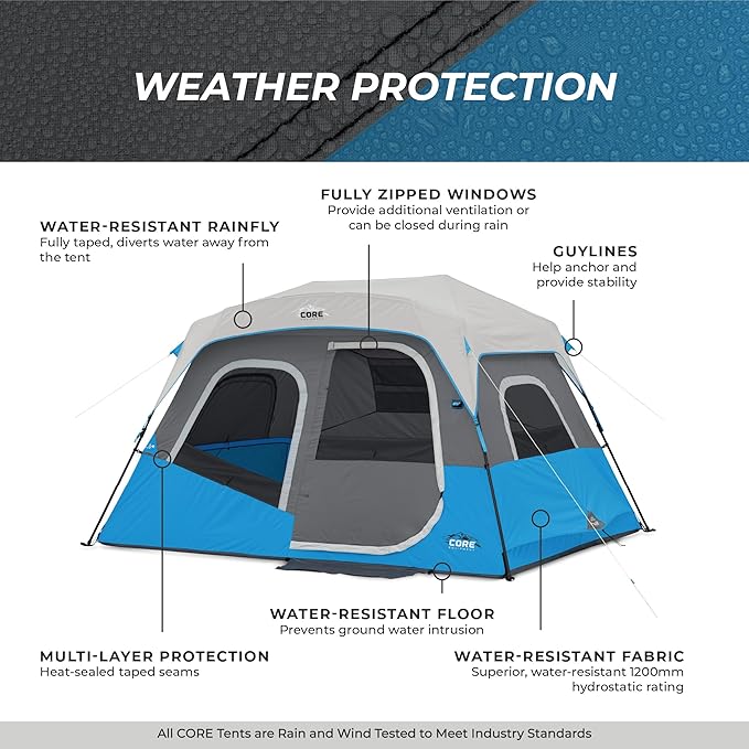 CORE Instant Cabin Tents with LED Lights | 6 Person / 9 Person / 12 Person Family Multi Room Lighted Pop Up Tents for Camping | Included Storage Pockets for Camping Accessories