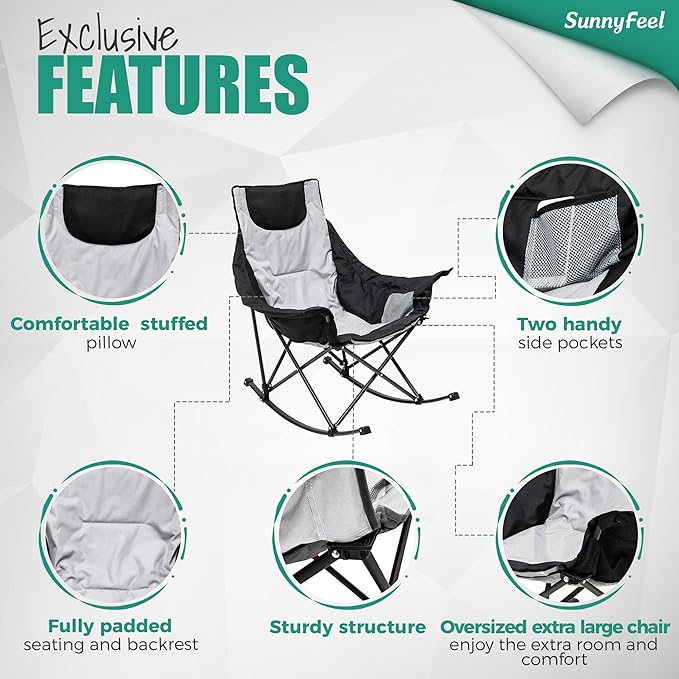 SUNNYFEEL Oversized Rocking Camping Chair Fully Padded Patio Chair with Side Pocket High Back Portable Lawn Recliner with Headrest Outdoor Camp Rocker Chairs for Adults Heavy Duty 500 LBS Carry Bag