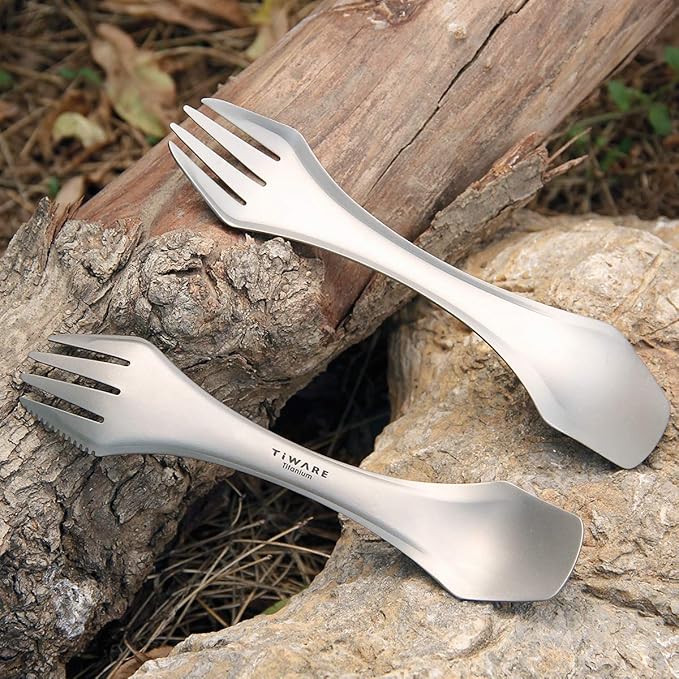 2 pcs Titanium spork Eco-friendly Durable Rustproof Titanium flatware Light weight spoon/Knife/Fork 3 in 1 Cutlery/Utensil for outdoor camping travel hiking One pair Lot of 2 each