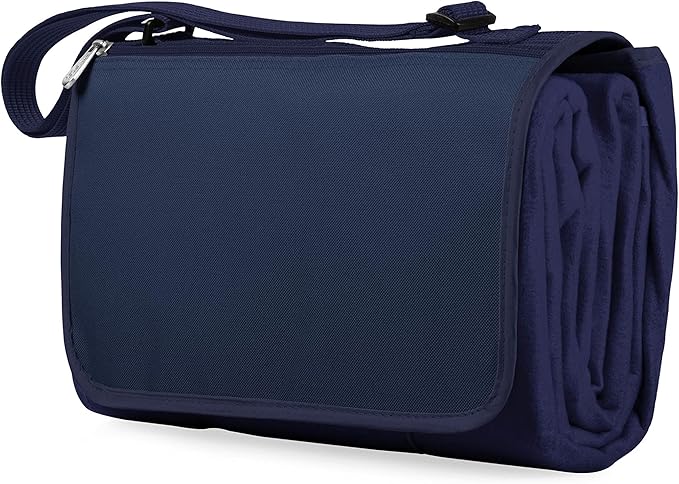 PICNIC TIME Outdoor Picnic Blanket Tote 59x51 Foldable Beach &amp Camping Blanket with Soft Fleece Water-Resistant Bottom Adjustable Strap &amp Zippered Pocket (Navy Blue with Blue Flap)