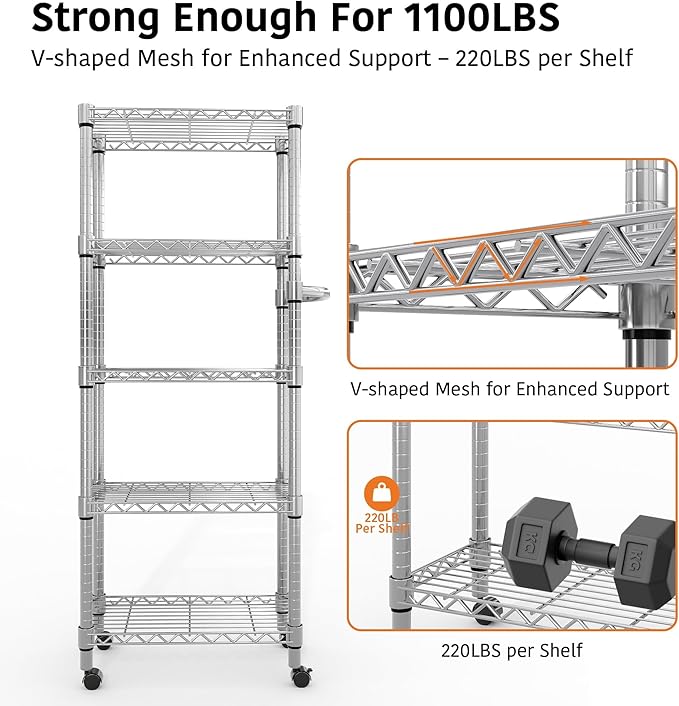 61-Inch Metal Storage Rack with Wheels 5-Tier Adjustable Wire Mesh Rack with Side Handles 24-Inch Wide Heavy-Duty Rolling Shelving Unit Easy to Assemble for Kitchens and Home Garages Silver
