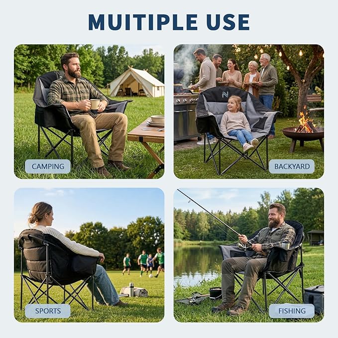 NAIZEA Padded Camping Chairs with Cooler Bag Folding Camping Chair for Adults Outdoor Heavy Duty Heated Lawn Chair for Camp Garden Firepits Patio &amp More