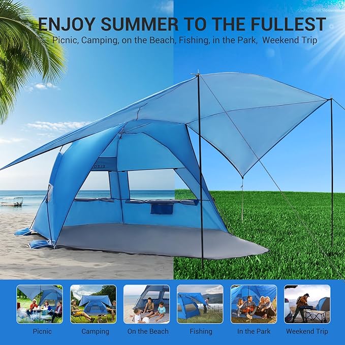 Elegear CumbreX™ Beach Tent with 360° Removable Canopy 4-6 Person Pop Up Sun Shade Shelter UPF 50+ Automated Installation Double Silver Coating Portable Lightweight Beach Cabana for Beach/Outdoor