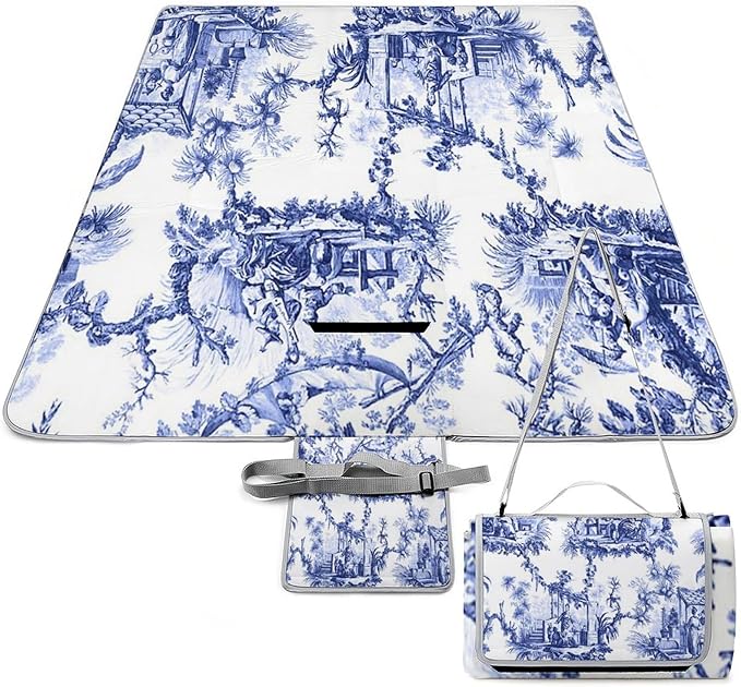 Blue and White Chinese Style Chinoiserie Folk Waterproof Outdoor Picnic Blanket Sandproof Beach Mat for Camping Hiking Grass Travelling