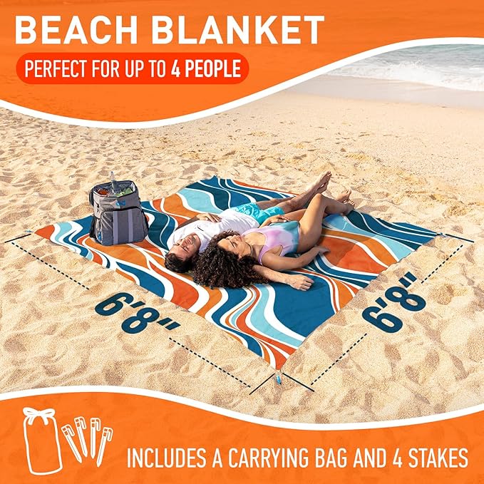 Everlasting Comfort Large Beach Blanket Waterproof &amp Sandproof - 80 x 80/ 6.7ft x 6.7ft - Lightweight Picnic Mat Camping Necessities for 4 People - Accessories for Outdoor Festivals - Orange