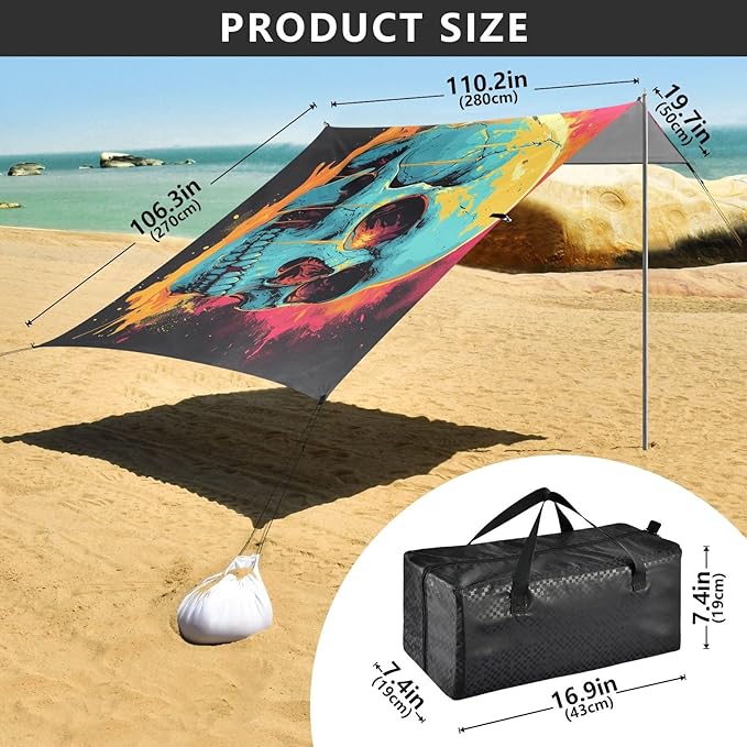 ALAZA Skull Head Art Beach Tent Sun Shelter UPF50+ Protection Beach Shade Canopy w/ 4 Sandbags for Outdoor Camping Fishing Backyard Fun Picnic 10x9 ft