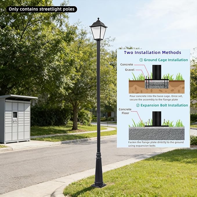 10FT Outdoor Lamp Post Split Street Light Pole with Top Globe &amp Ground Cage Lighting Post Fixtures for Pathway Courtyard Parking Lot Fits Standard 3 Post Top Fixtures (10FT 275+76mm)
