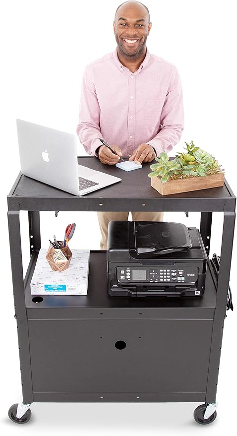 Line Leader Large AV Cart with Locking Cabinet | Height Adjustable Utility Cart with Pullout Keyboard Tray &amp Cord Management | UL Safety-Certified Computer Cart | Easy Assembly (32 x 18 x 42in)