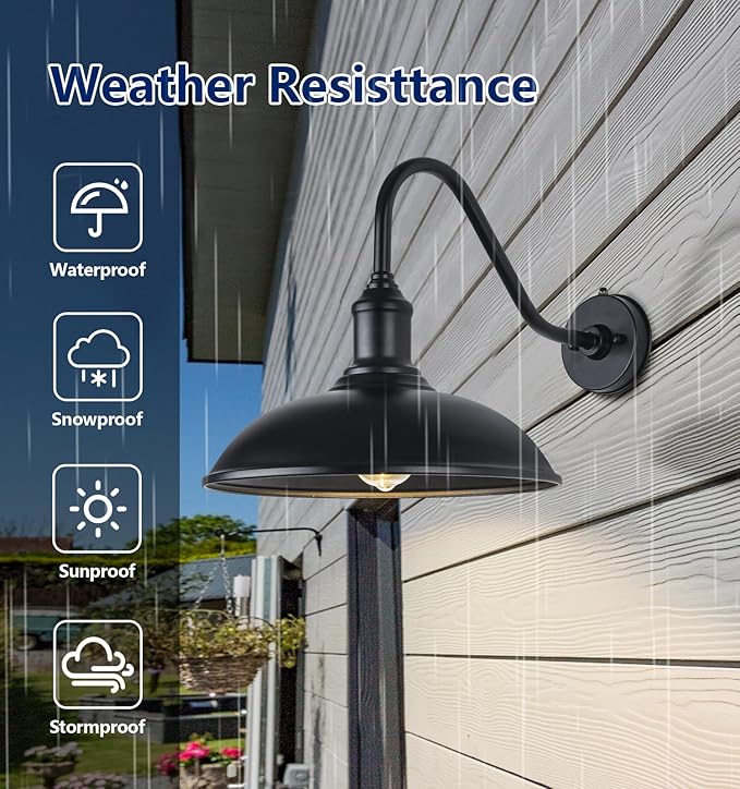 15 Inch Large Black Outdoor Gooseneck Barn Lights from Dusk to Dawn Farmhouse Barn Lights Galvanized + Painted Classic Look Suitable for Porch Garage Outdoor Lighting.