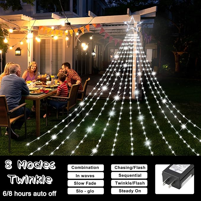 Onory Christmas Outdoor Star String Lights 23FT 860 LED Waterproof Waterfall Tree Lights with Star Topper 8 Modes Christmas Decorations Outdoor Tree Lights for Patio Yard Party Holiday Dec