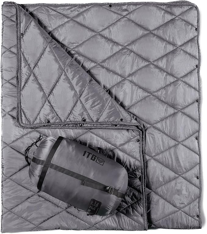 Camping Blanket - Packable Ultra Warm and Lightweight with Snap Button Backpacking Quilt Water-Resistant for Sleeping Outdoors Travel and Indoor Use - Large/Gray