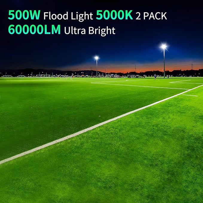 500W LED Flood Light Outdoor with Plug+10ft Cable 60000LM Ultra Brighter 5000K Exterior Security Light IP66 Waterproof Commercial Lighting for Sports Fields Counts Arena Stadium(2 Pack)