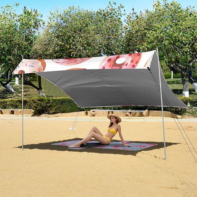 Cute Donuts Beach Tent Sun Shelter 9.2' x 10.5' Beach Canopy with 4 Sandbags 4 Stability Poles Sand Shovels - Tent Canopy for Beach Camping Fishing Picnics