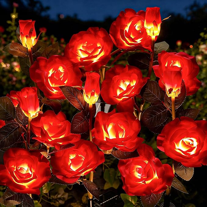 Brightown Outdoor Solar Flower Lights 4 Pack Solar Garden Light with Larger &amp More Realistic Red Rose Bigger Solar Panel Waterproof Solar Lights Outdoor for Yard Garden Lawn Pathway Decoration