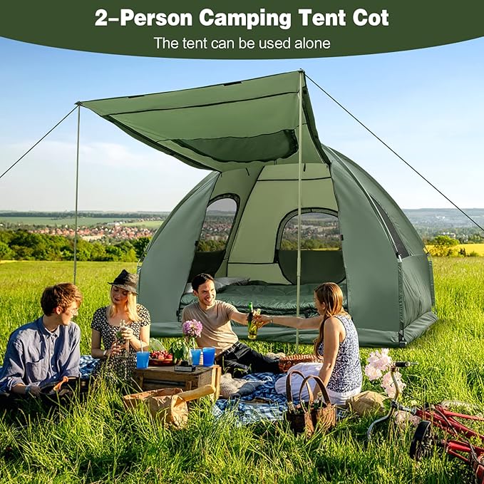 Goplus Camping Tent Cot 5-in-1 Folding Camping Bed with Awning Air Mattress Sleeping Bag Bedspread Off Ground Elevated 1-2 Person Cot Tent with Carrying Bag Air Pump for Camping Picnic Outdoor