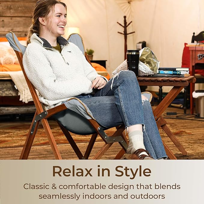 BYER OF MAINE Pangean Butterfly Chair Easy-Fold Hardwood Sling Chair – Portable Beach Camping &amp Patio Seat – 34″H × 23″W × 27″D in Granite