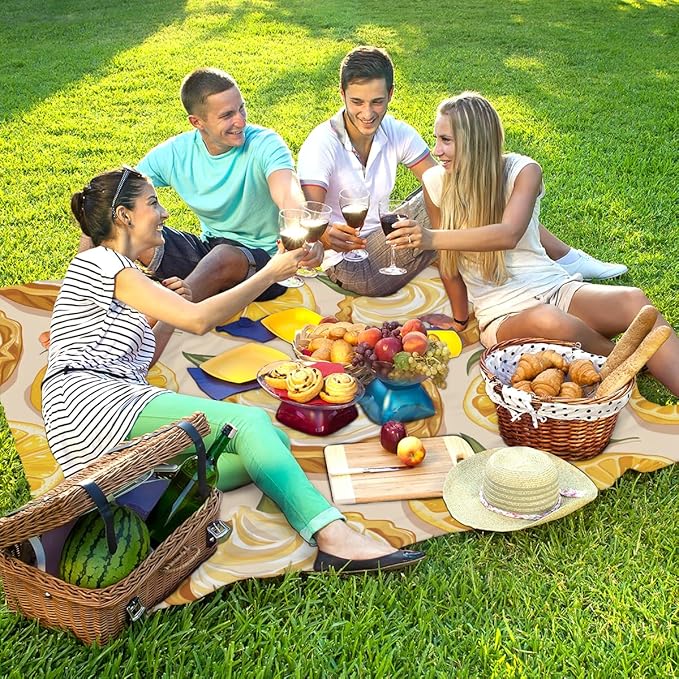 Waterproof Sandproof Beach Blanket 59''×68'' Lemon Cake Polyester Outdoor Picnic Blanket with 4 Stakes &amp Storage Bag for BeachCampingVacation Food