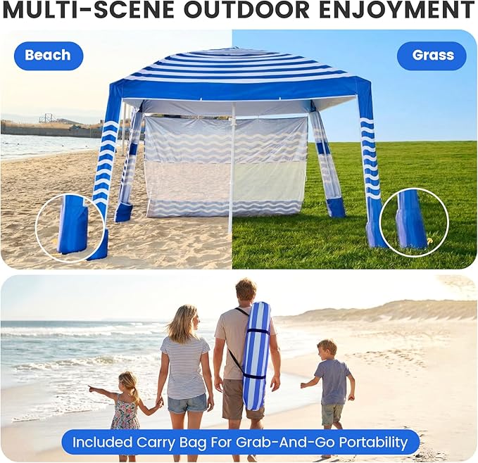 Zeraty Beach Cabana 8'×8' Portable Beach Canopy with Side Wall Easy Pop Up UPF 50+ Silver-Coated Beach Tent Sun Shelter Wind Resistant Adjustable Height Beach Umbrella Tent for Family Navy Blue