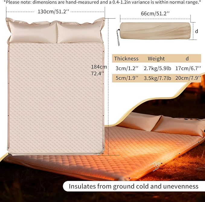 Self-Inflating Camping Mat - 1.2/2 Thick Portable Air Mattress with Pillow for Outdoor Hiking &amp Travel (Offwhite 1.2 for Two)