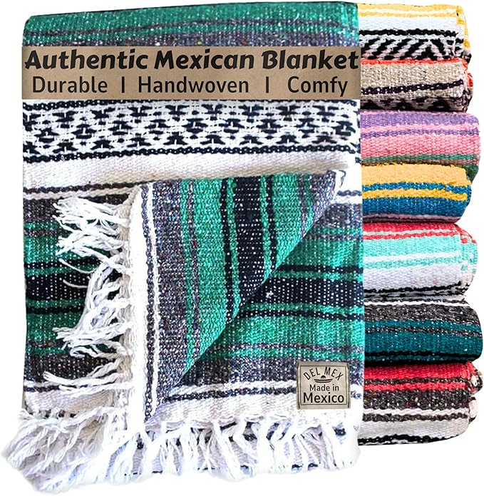 Del Mex Classic Mexican Blanket Large Authentic Woven Falsa Throw (70x50) Artisan Southwest Décor for Beach Yoga Outdoors (Teal)