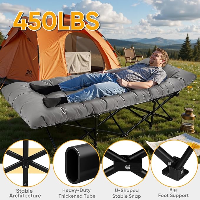 Northroad Camping Cot with Thick MattressQuick Set-Up Sleeping Cots Bed with Side Pocket for Outdoor Camping Office Nap Home Garden Beach Travel Grey