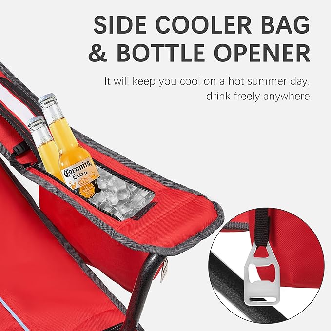 Oversized Folding Camping Chair for Adults - 450lbs Support - Heavy Duty Portable Lawn Chairs with Side Pocket Cup Holder Cooler Bag for Sports Garden Beach Fishing Red 2 Pack