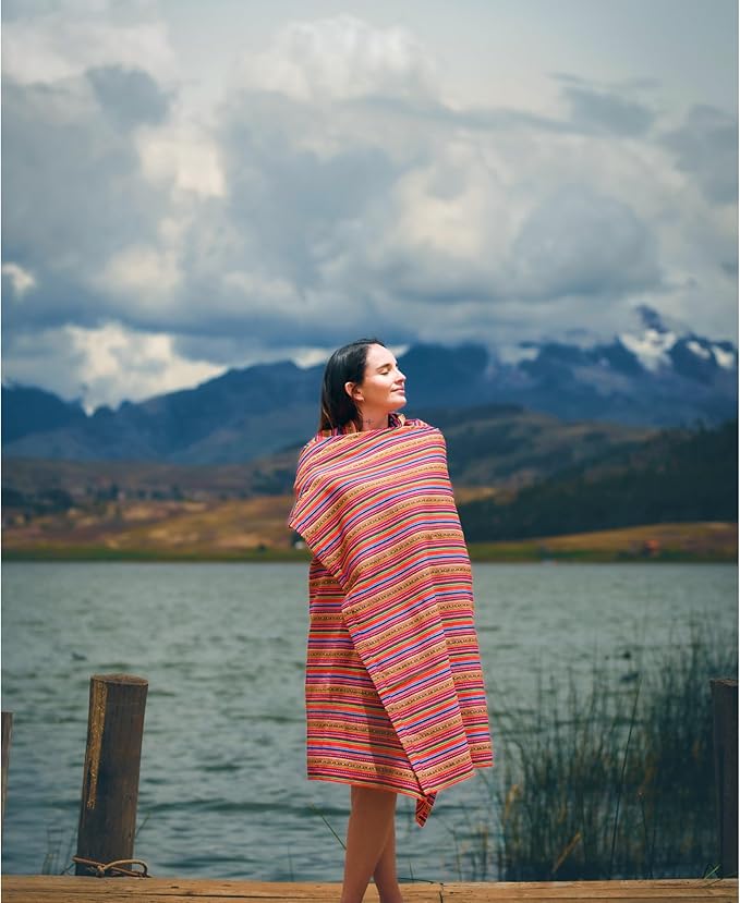 Lucio Fabrics Unique Native Peruvian Throw - Vibrant Colors Lightweight Durable - HomeYoga BeachCampingPicnicOutdoor Activities Thin Blanket 70'' x 47'' (Red Andean Stripes)