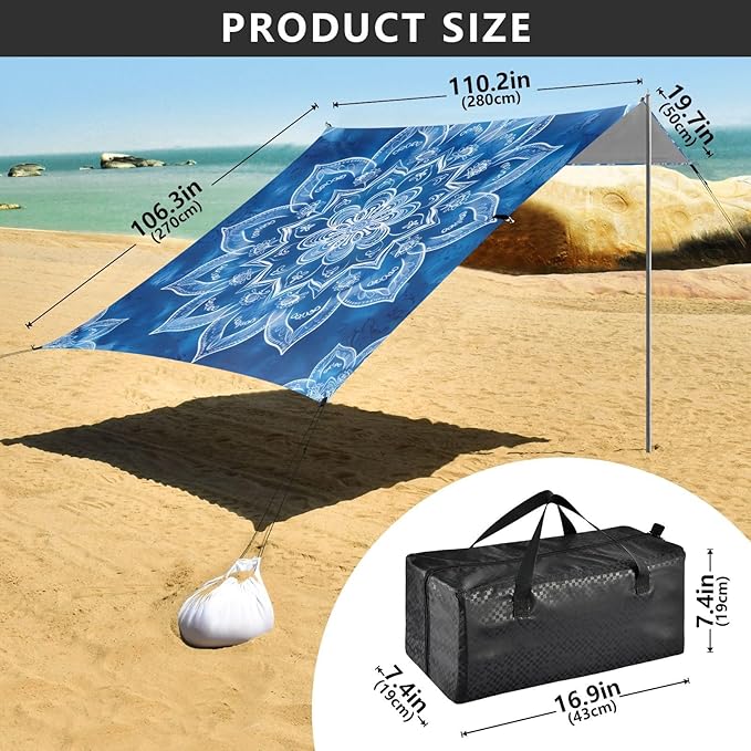 Blue Mandala Pattern Beach Tent Sun Shelter 9.2' x 10.5' Beach Canopy with 4 Sandbags 4 Stability Poles Sand Shovels - Tent Canopy for Beach Camping Fishing Picnics