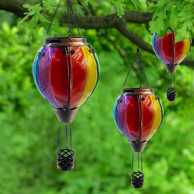 Glass Solar Hot Air Balloon Lantern with Flame Hanging Garden Flickering Light Outdoor Waterproof for Yard Patio Tree Mother's Day Gift Colorful