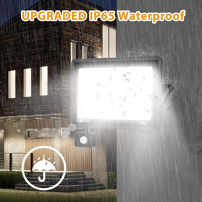 2 Pack 150W LED Motion Sensor Flood Light 5000K Daylight IP66 Waterproof 17000 Lumens Outdoor Security Dusk to Dawn Light for Garage Front Porch Barn