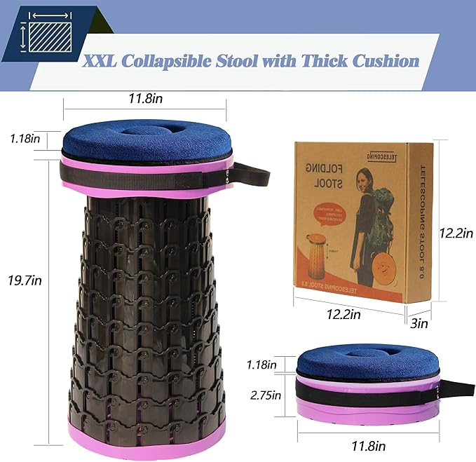 ALEVMOOM Upgraded XXL Collapsible Stool with Cushion 19.71000lbs Max WeightWider &amp Taller Pop Up Seat Heavy Duty Portable Retractable Folding Chair or Travel Foot Rest for Camping &amp Outdoo