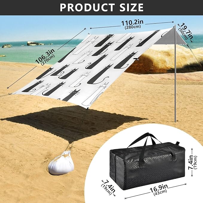 ALAZA Cartoon Cat Kitten Beach Tent Sun Shelter UPF50+ Protection Beach Shade Canopy w/ 4 Sandbags for Outdoor Camping Fishing Backyard Fun Picnic 10x9 ft