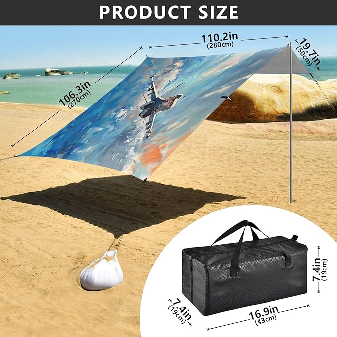 Camping Sun Shelters Fighter Jet Soaring in The Sky Beach Canopy 126 * 110.2in