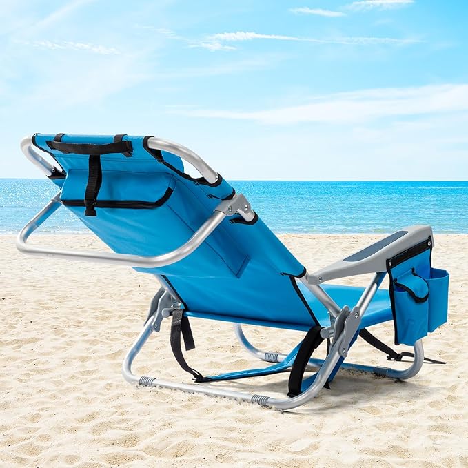 Outvita Backpack Beach Chair 5 Level Adjustable Positions Beach Chair with Back Storage Bag Cooler Pouch and Side Bags for Beach Poolside Lawn