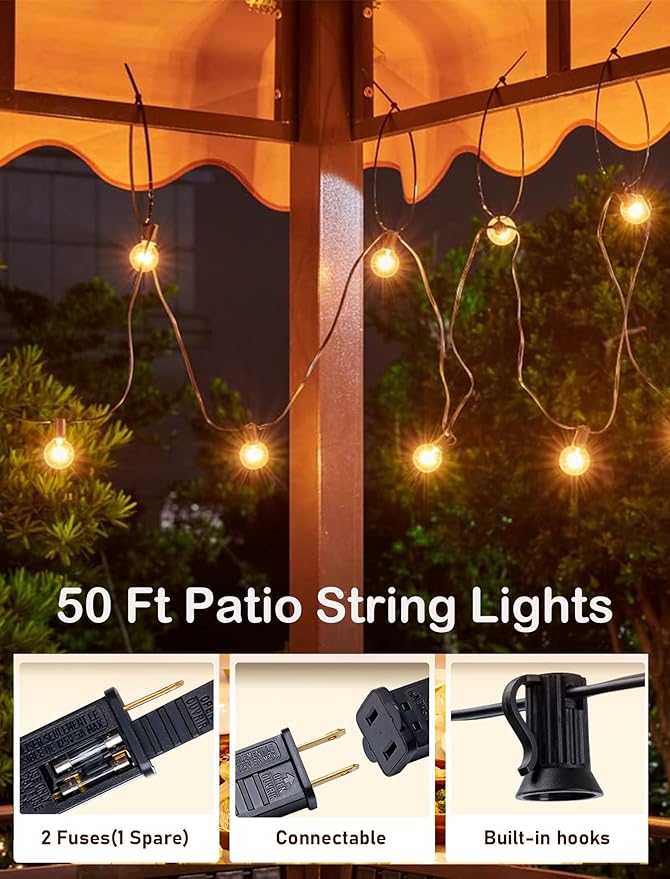 Abeja 50FT G40 Globe String Lights Outdoor Patio String Lights with 53 Edison Globe Bulbs(3 Spare) Hanging Bistro Light Waterproof for Balcony Party Wedding Market Cafe Black