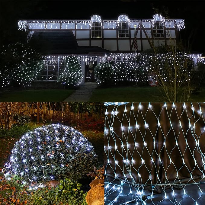WATERGLIDE Outdoor Christmas Net Lights 12FT x 5FT 360 LED Mesh String Light with 8 Lighting Modes Connectable Waterproof Lights for Garden Tree Bushes Holiday Wedding Party Decorations White