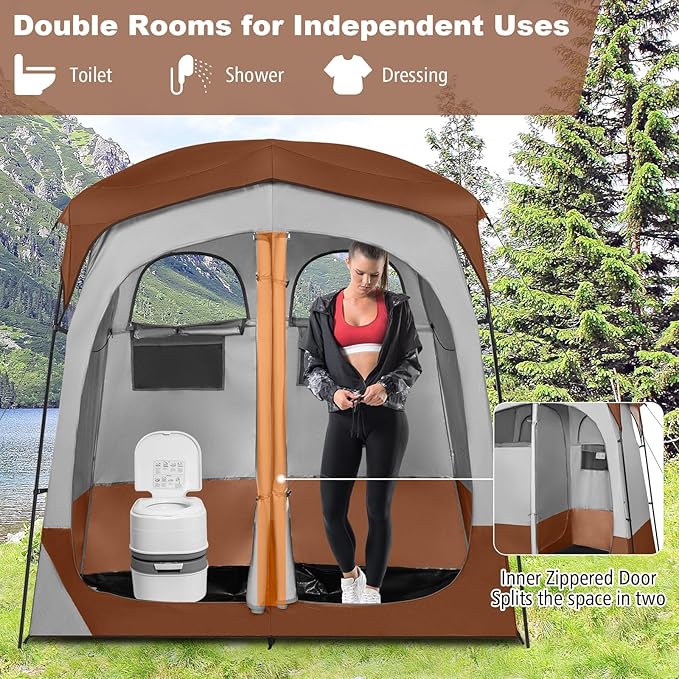 LDAILY Camping Shower Tent 2 Room Instant Privacy Tent with Floor Removable Rain Cover Mesh Window Inside Pocket and Clothesline Portable Changing Room for Outdoor Toilet Dressing