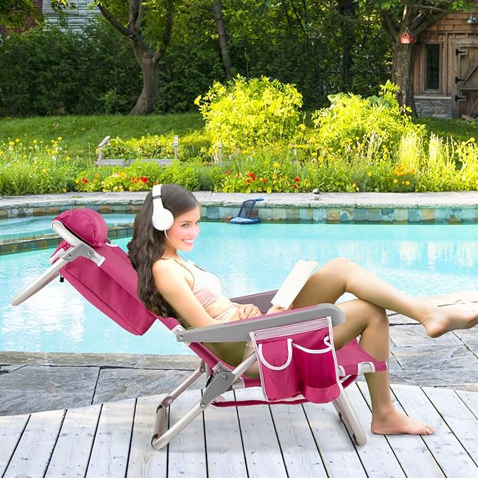 COSTWAY Backpack Beach Chair Foldable Camping Chair with 5 Adjustable Position Cup Holder Storage Pockets Straps Towel Rack Pillow for Patio Outdoor (Pink2)