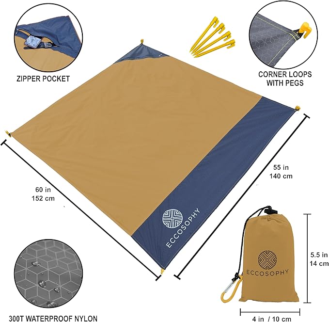 ECCOSOPHY Sand Proof Beach Blanket - Waterproof Picnic Blanket 60x55 Outdoor Compact Pocket Blanket Lightweight Ground Cover for Hiking Camping Festivals Sports Travel with Bag &amp Stakes (Caramel)