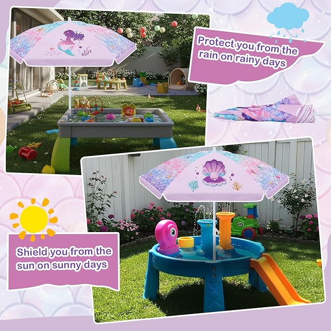 Sweetude Water Table Umbrella (Table Not Included) Kids Seaside Beach Umbrella Picnic Canopy for Summer Toddlers Sand Beach Camping Garden Outdoor Pool Shade Party Supply(Mermaid Theme)
