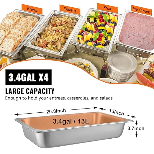 VEVOR 4 Pack Stainless Steel Hotel PansFull Size 4 Inch Deep 0.8mm Thick Anti Jam Commercial Food Pans with lidCatering Food Storage Metal Pan for Steam Tables Restaurants20.8 x 13 x 4 inch.