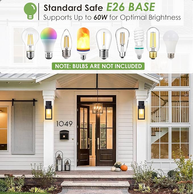 GRUENLICH Waterproof Large Outdoor Wall Lanterns Modern Black Porch Sconces with Clear Glass Shade E26 Socket Max 60W IP65 Rated Metal Frame for Patio Front Door Entryway 2-Pack