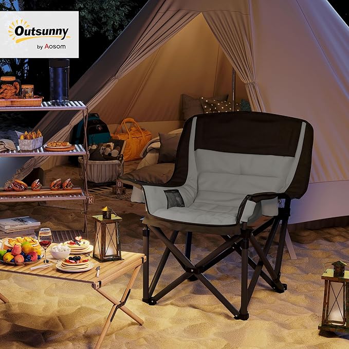 Outsunny Double Camping Chair for Adults Padded Folding Camp Chair for 2 Person with Armrest Wine Glass Holder Cup Holder Carry Bag for Outdoor Sports Picnics Supports up to 552 lbs.