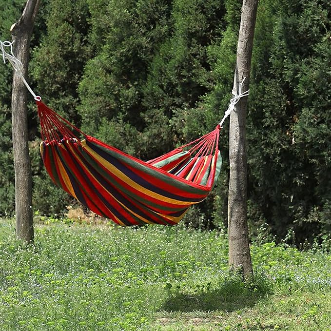Cabilock Camping Travel Single Canvas Hammock 200x100cm Portable Outdoor Leisure Swing Hammock for Hiking Backpacking with Red Striped Widen Design