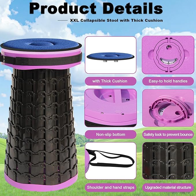 ALEVMOOM 2026 Upgraded XXL 19.7 Collapsible Stool with Cushion 1000lbs Max Weight Heavy Duty Portable Telescoping Stool Retractable Seat Folding Chair for Camping Fishing Hiking(Purple-XXL)