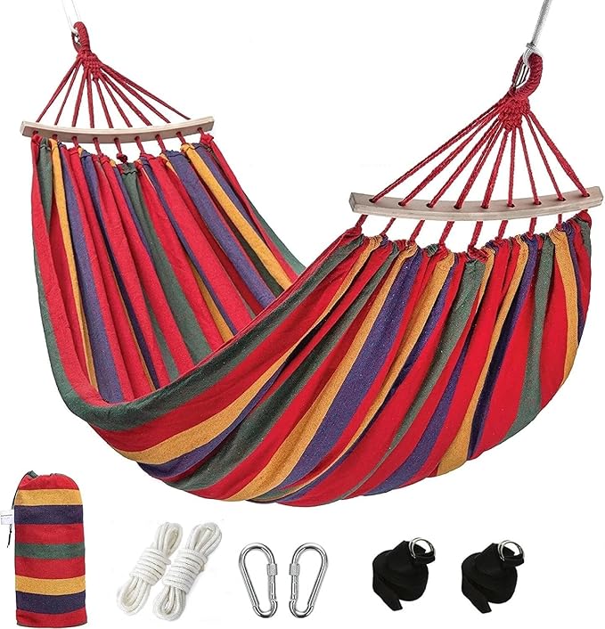 Camping hammocks Single Camping Hammock 450lbs Durable Canvas Fabric with Two Anti Roll Balance Beam and Sturdy Metal Knot Tree Straps for Backpacking Travel Beach Backyard + Travel Bag